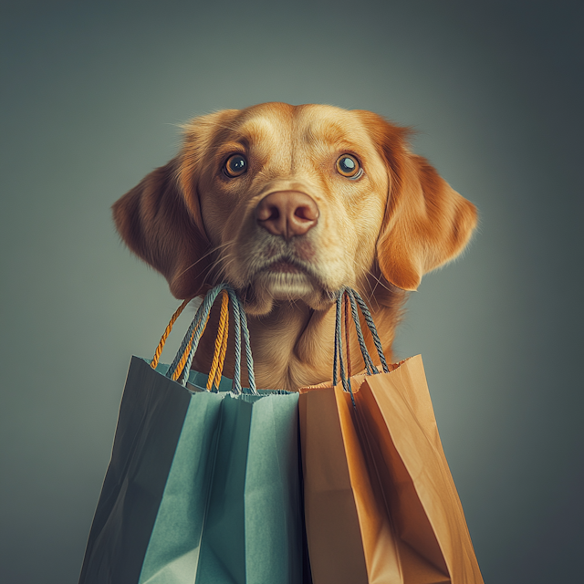 Golden Retriever with Shopping Bags