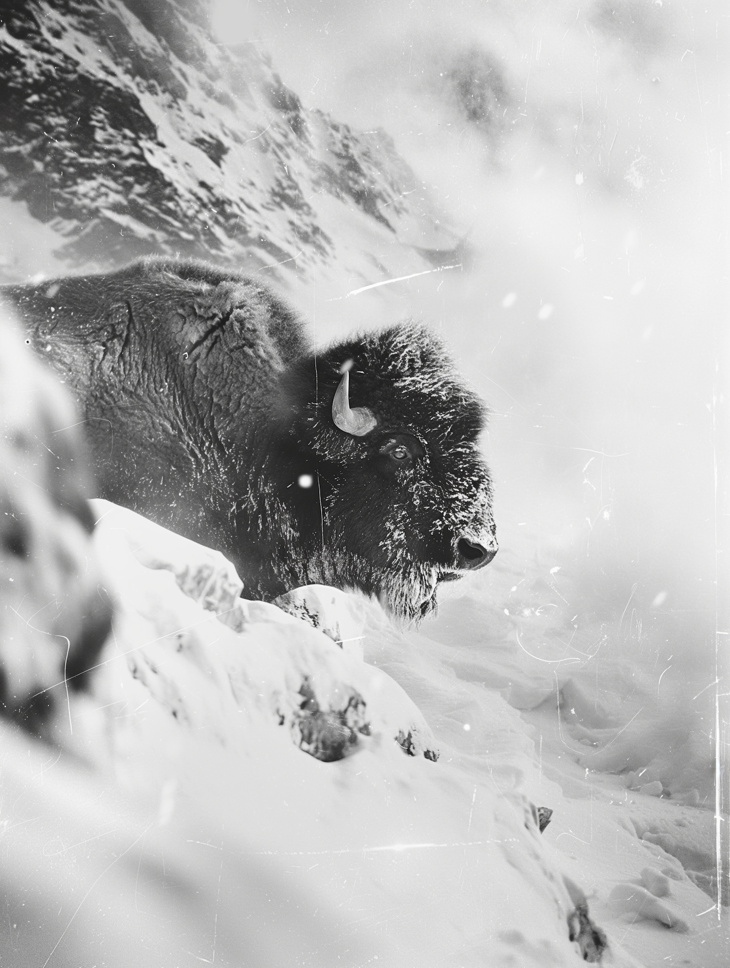 Snowy Bison in Monochrome