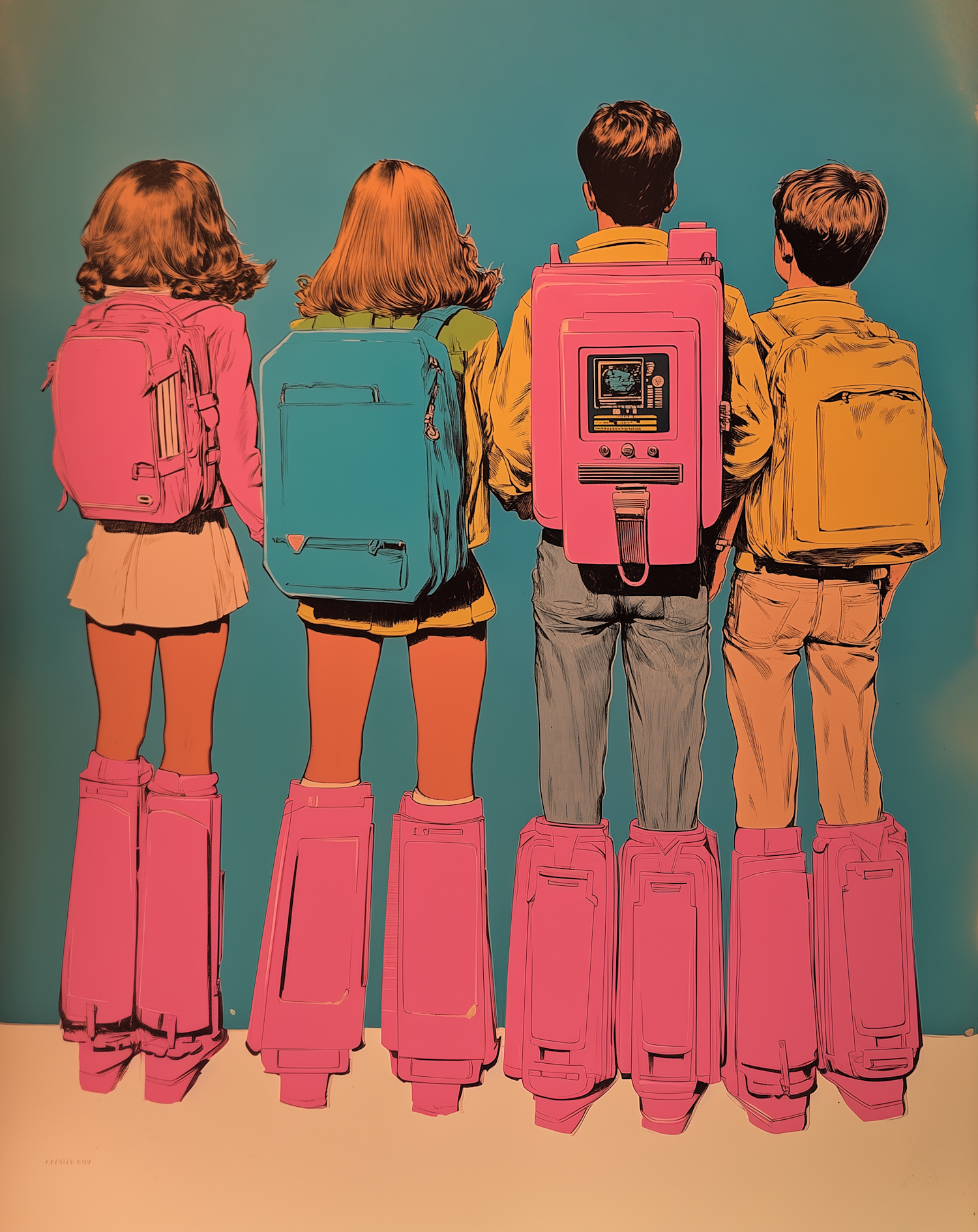 Children with Colorful Backpacks and Pink Boots