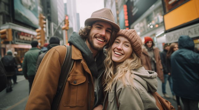 Joyful Winter Embrace in the City