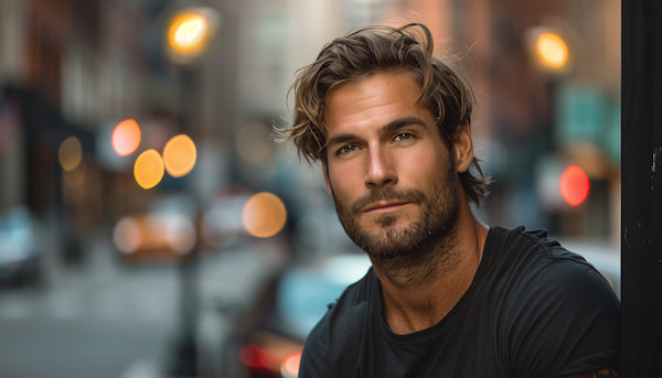 Contemplative Man with City Lights Background