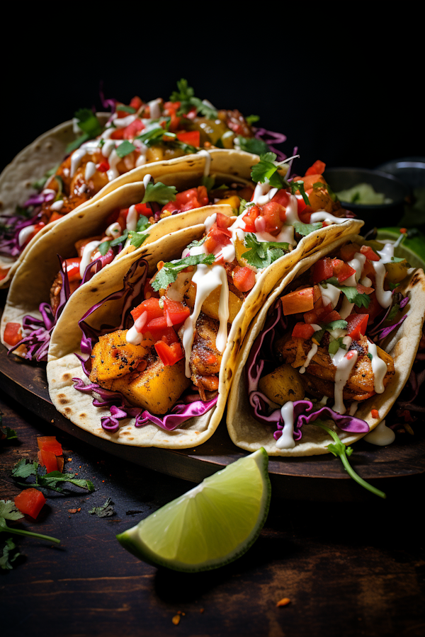 Colorful Mexican-Style Grilled Meat Tacos with Lime