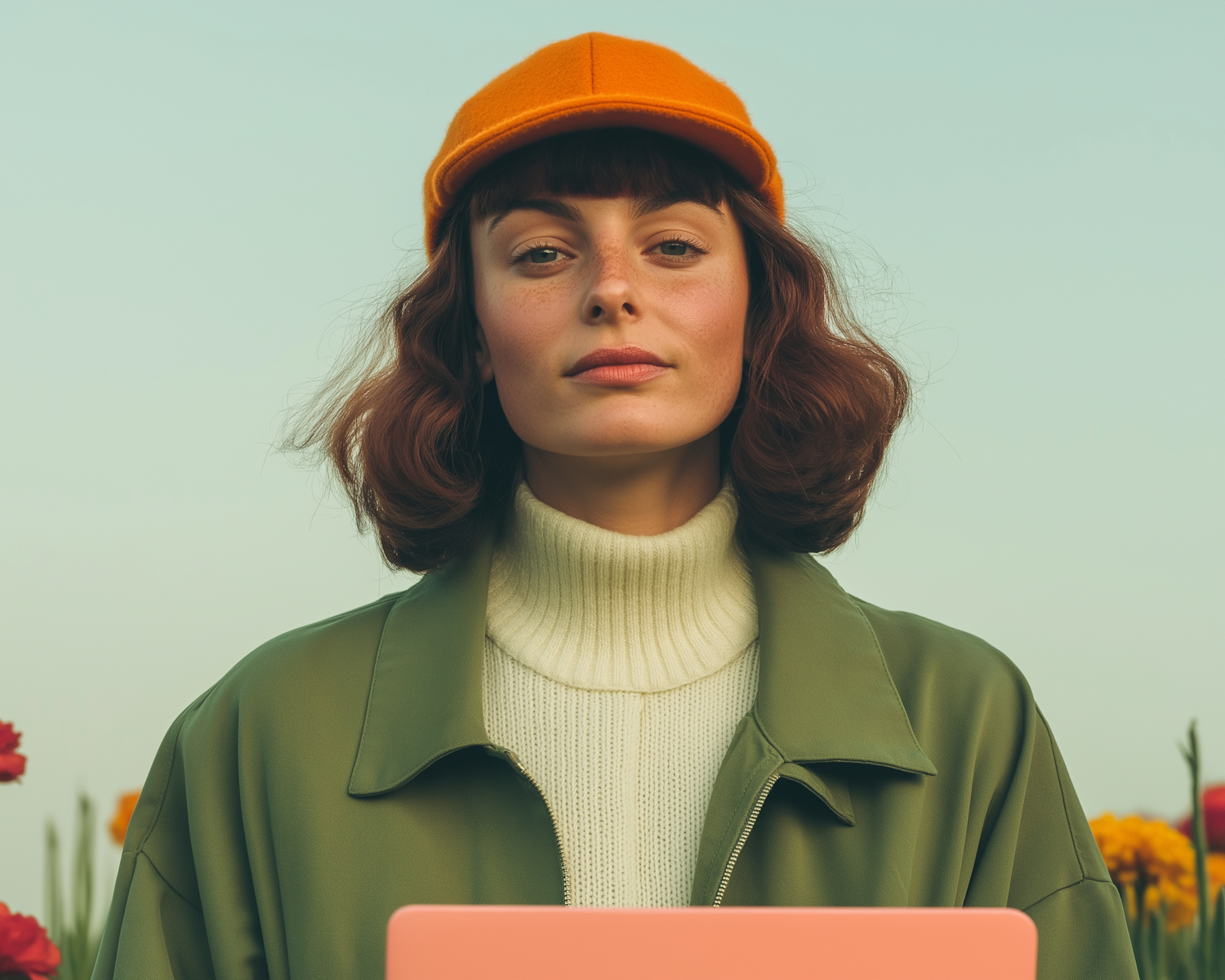 Woman in Orange Cap and Green Jacket