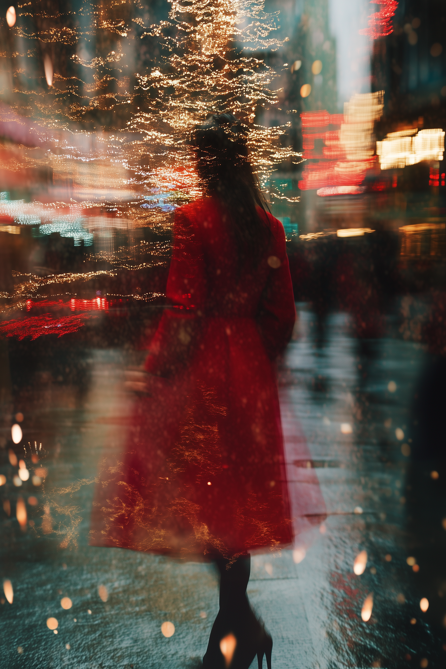 Person in Red Coat in Vibrant Cityscape