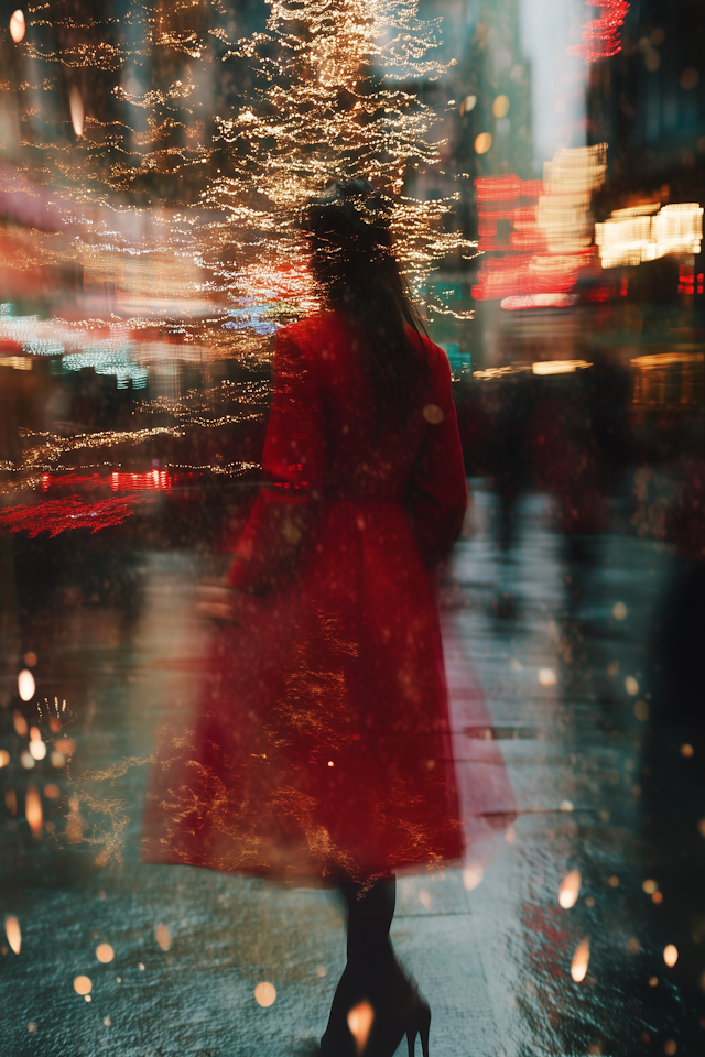 Person in Red Coat in Vibrant Cityscape