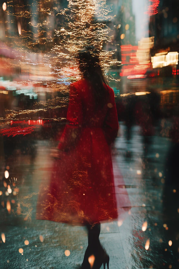Person in Red Coat in Vibrant Cityscape