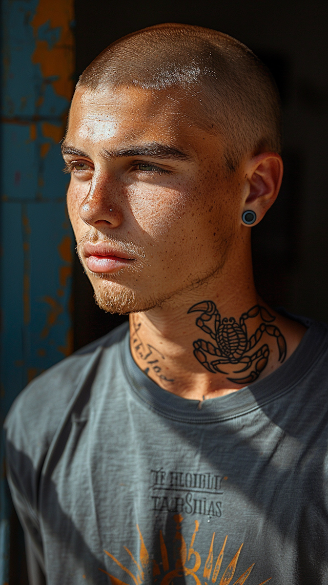 Contemplative Young Man with Tattoos