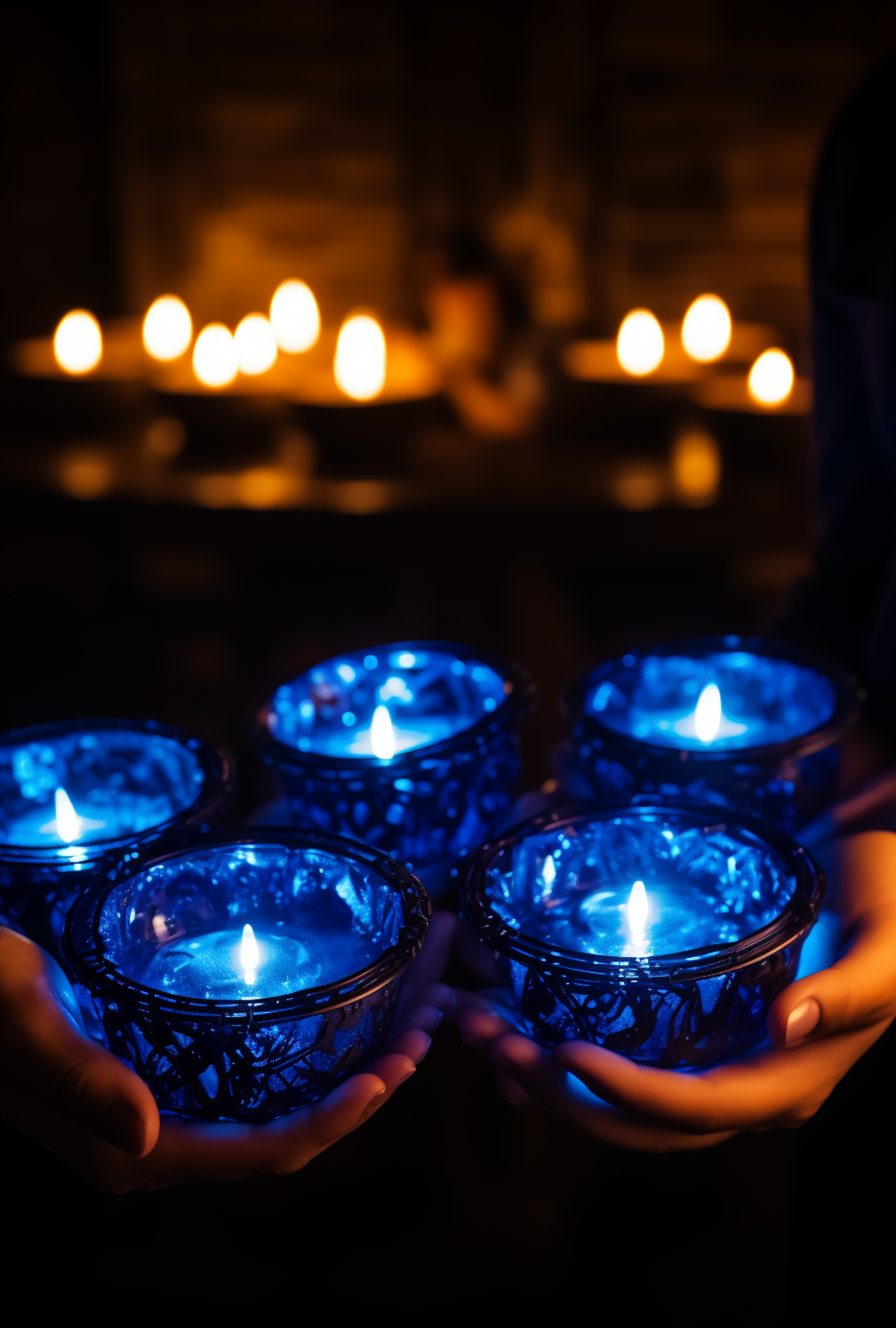 Serenity in Blue: Hands Cradling Tealight Candles