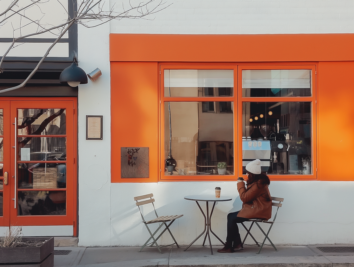 Urban Café Leisure Scene with Orange Backdrop