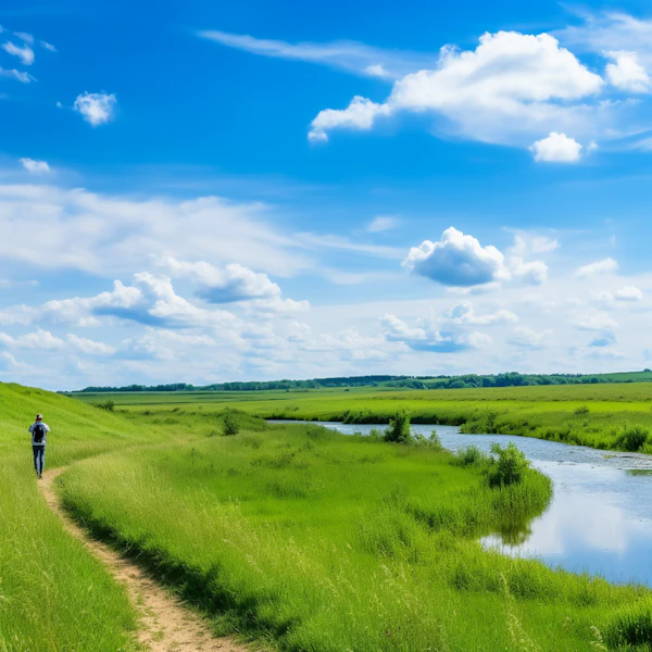 Solitary Hiker on a Path through Serene Wetlands