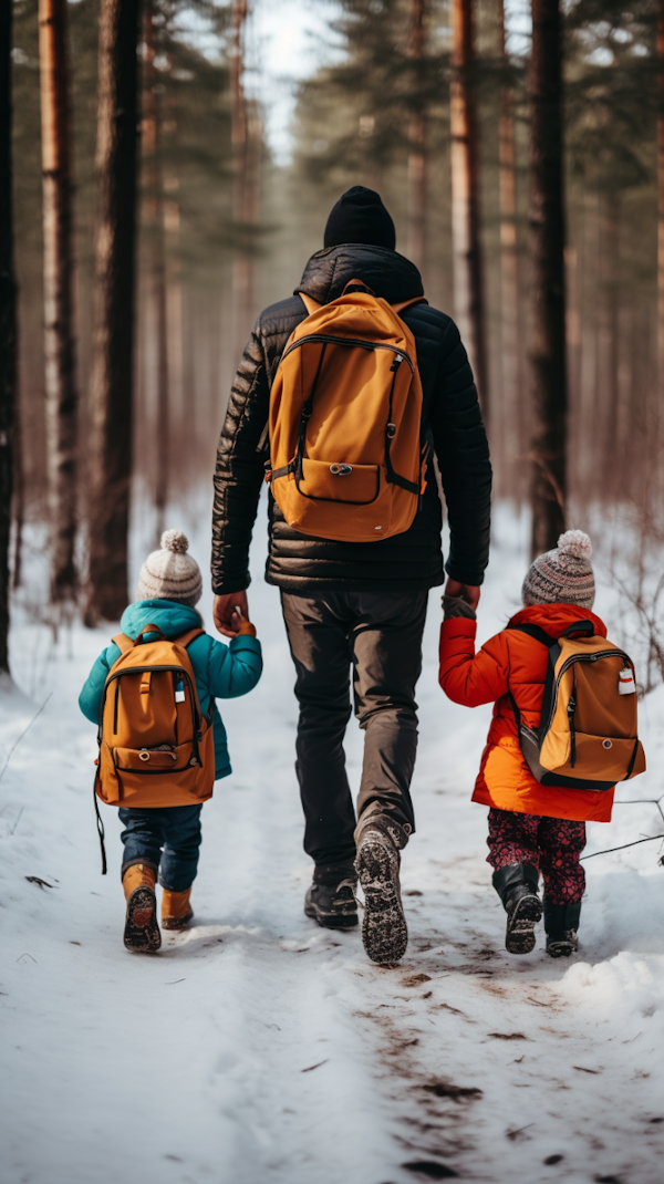 Family Winter Trek in Serene Snowy Woods