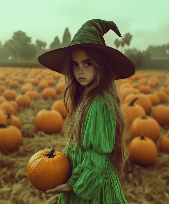 Girl in Pumpkin Patch with Witch Costume