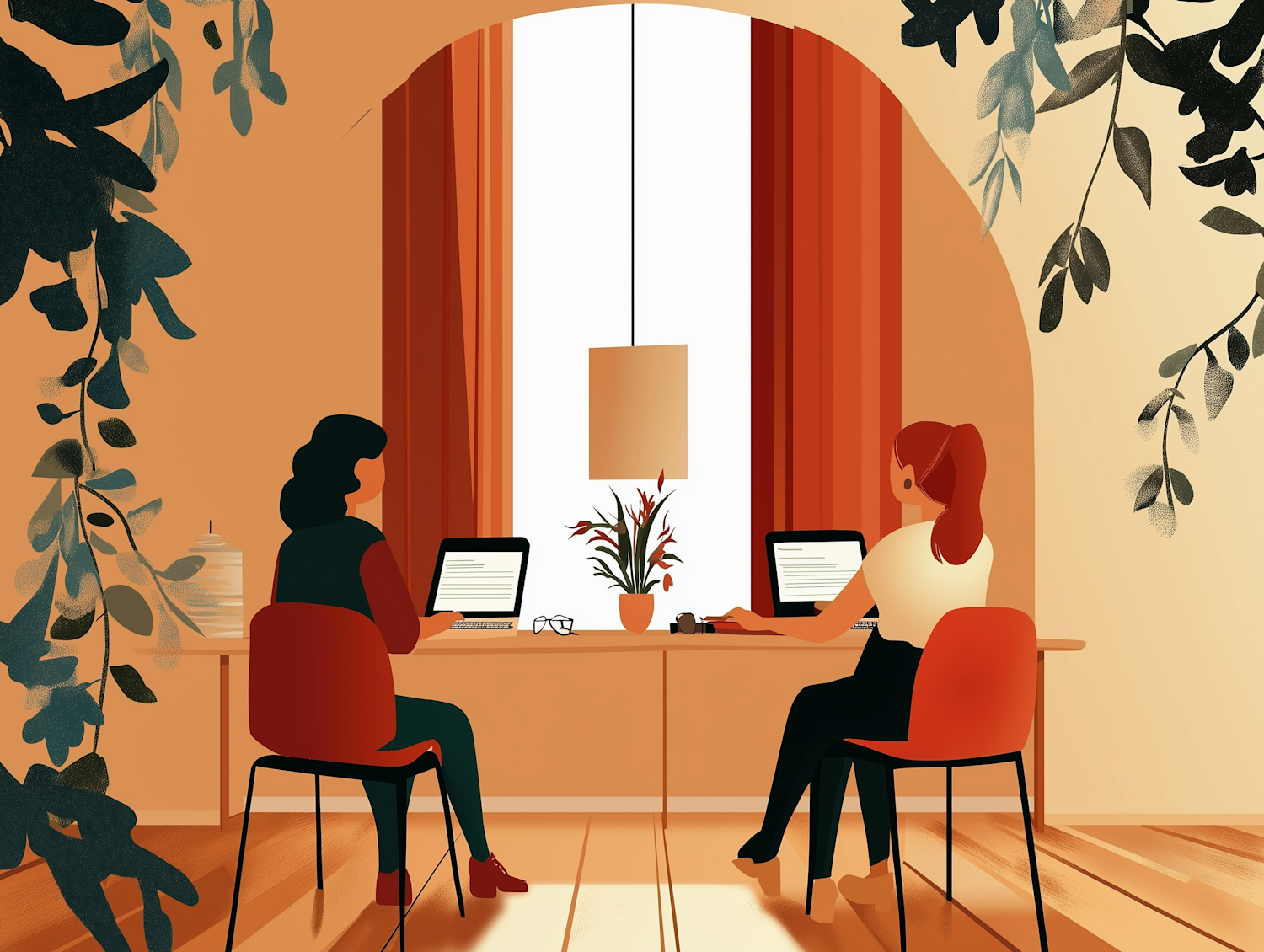 Warm Indoor Workspace with Two Women on Laptops