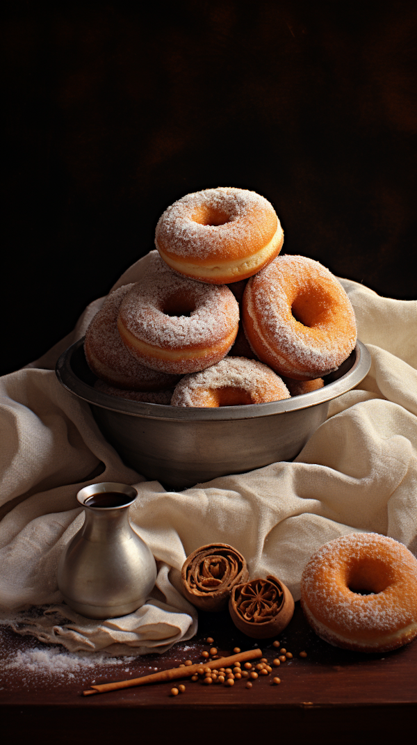 Vintage Sugar-Dusted Donuts Still Life