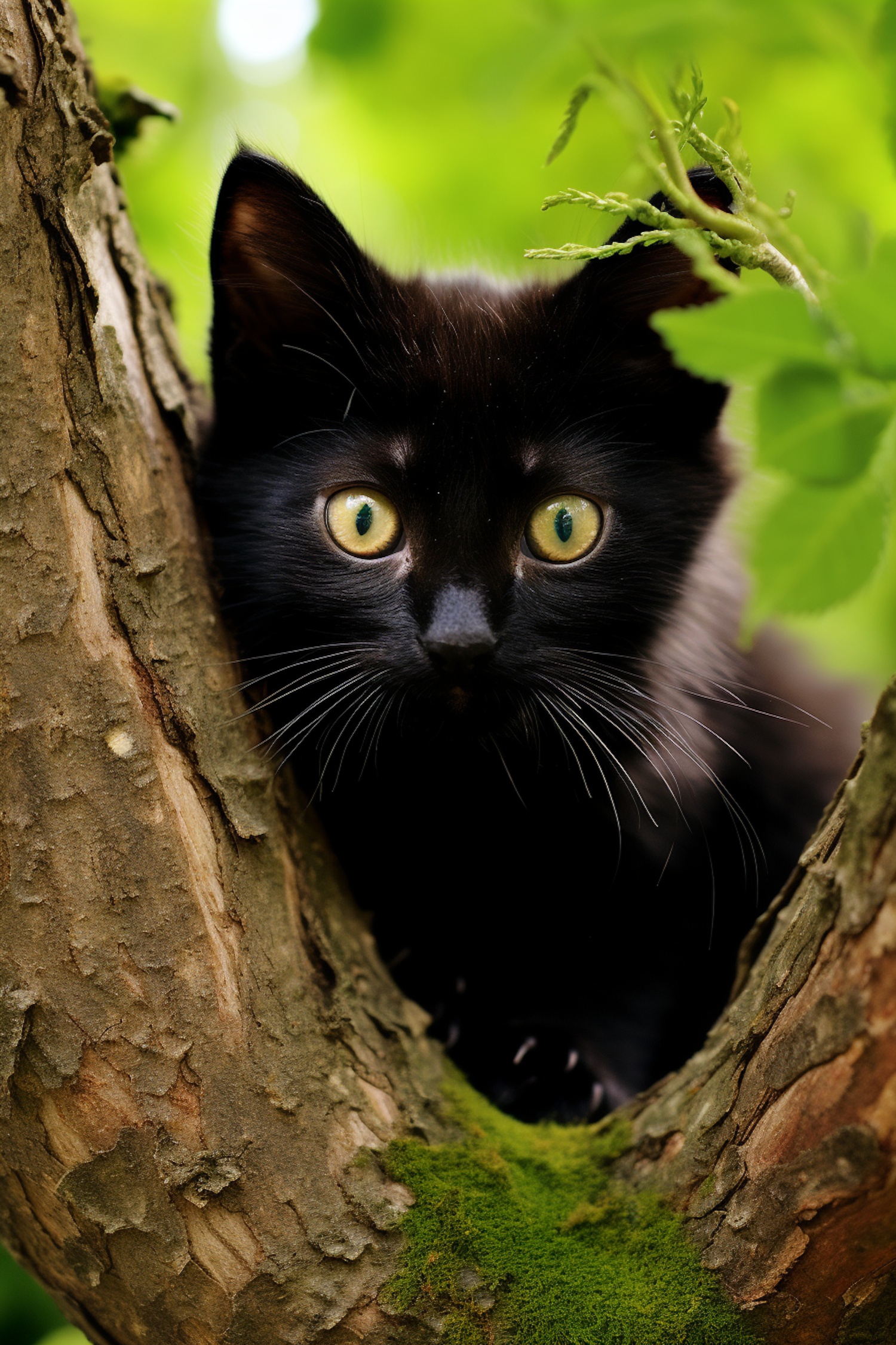 Peeking Panthera: The Curious Tree Embraced Cat