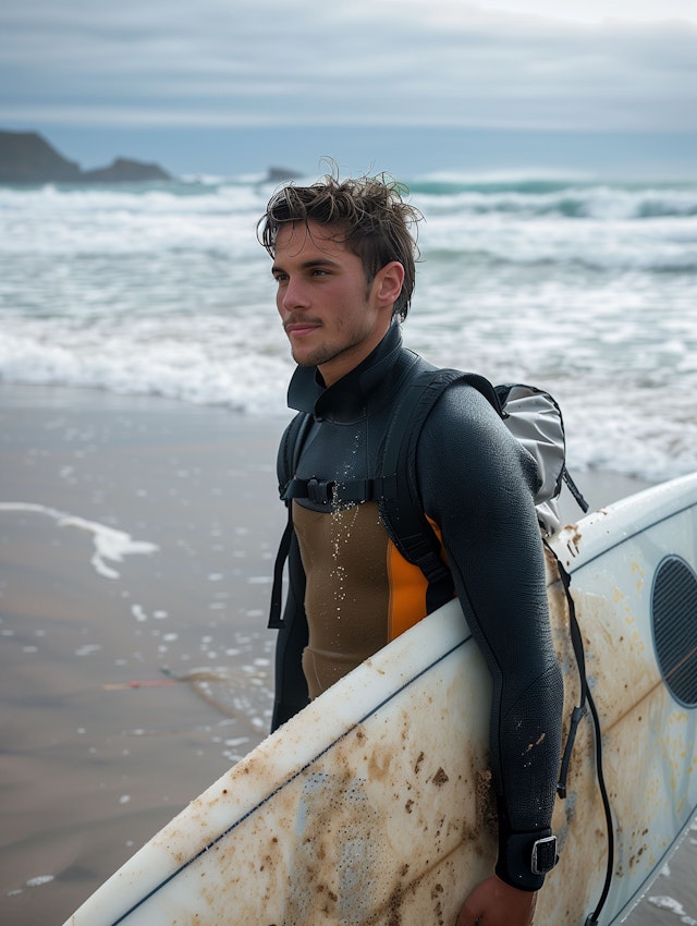 Contemplative Surfer on Beach