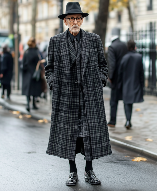 Elderly Man in Stylish Overcoat on Wet Street