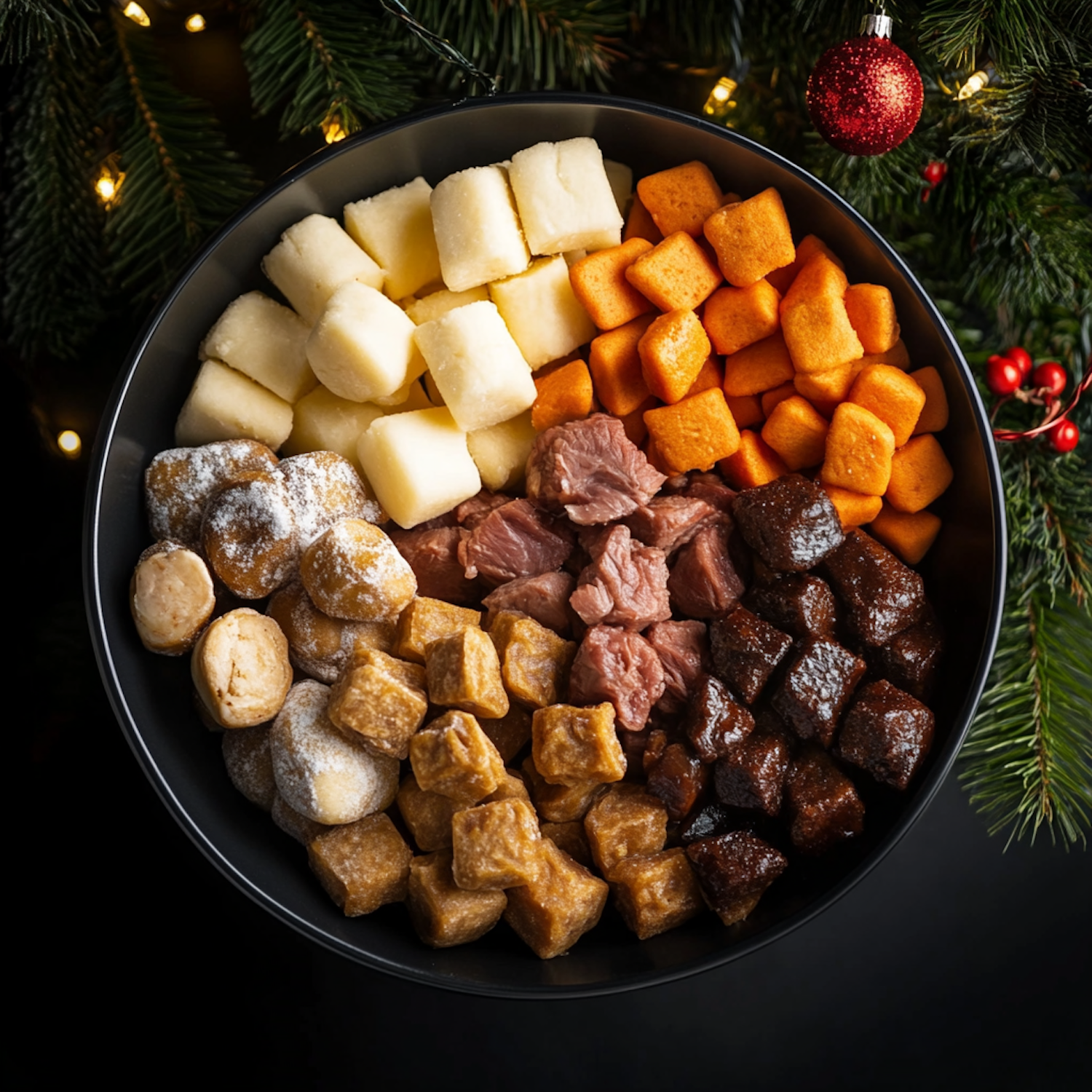 Colorful Cube-Shaped Treats in Black Bowl