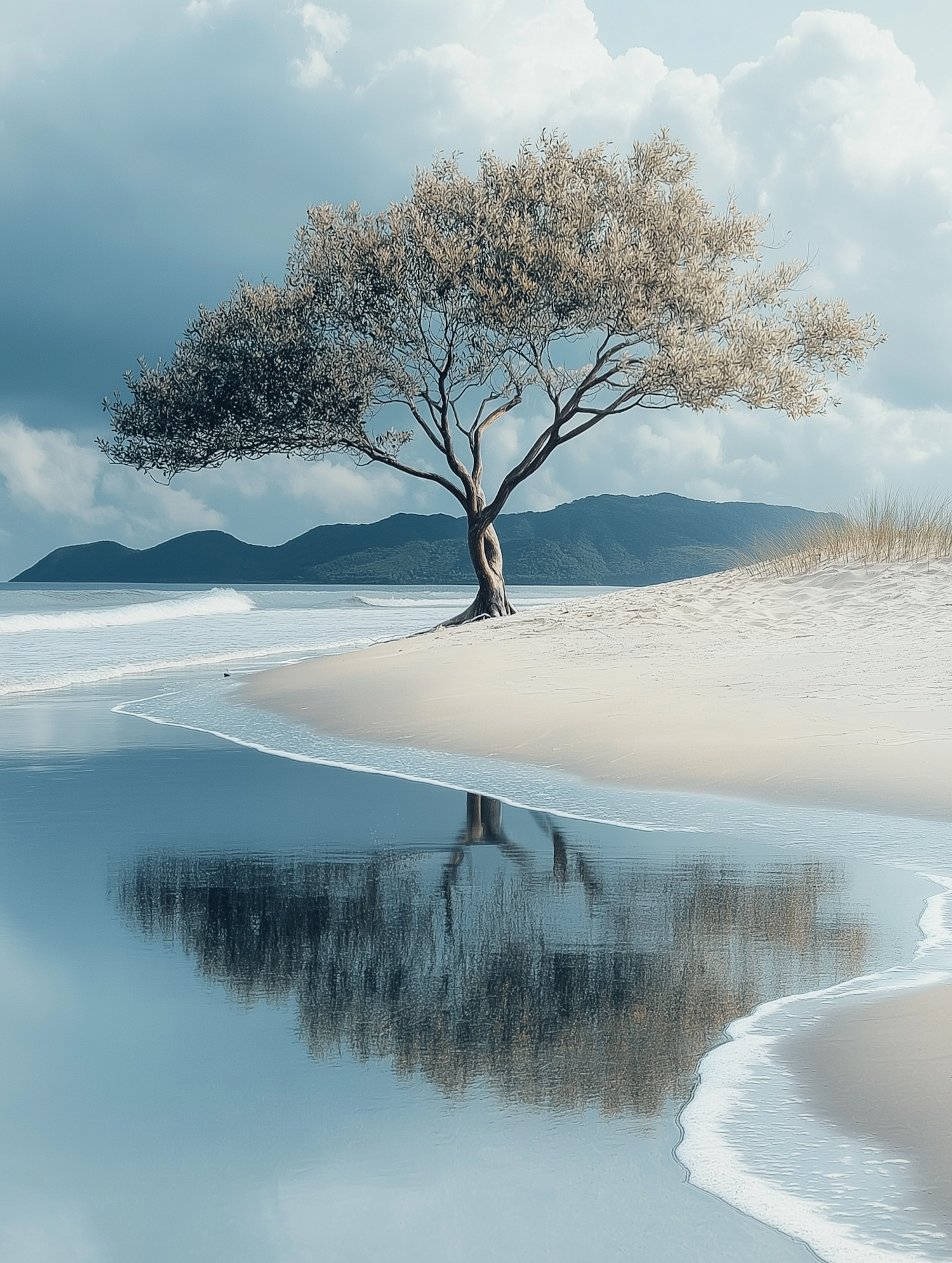 Serene Beach Scene with Solitary Tree