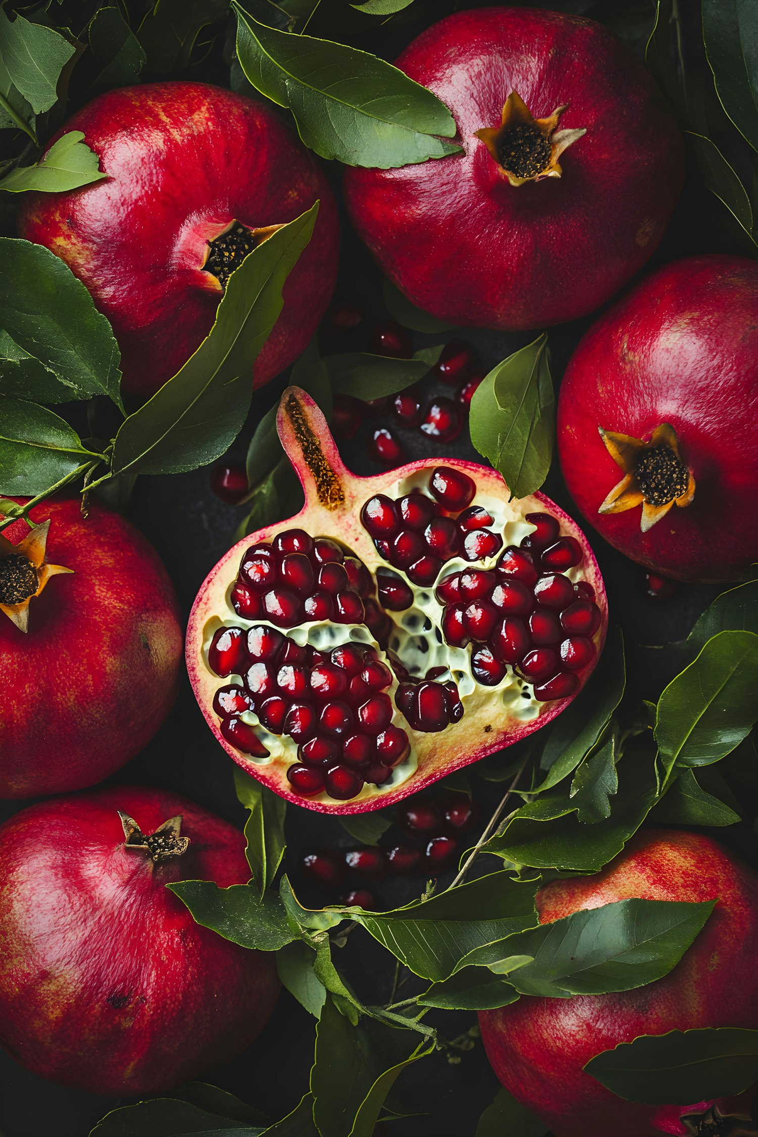 Ripe Pomegranates with Green Leaves