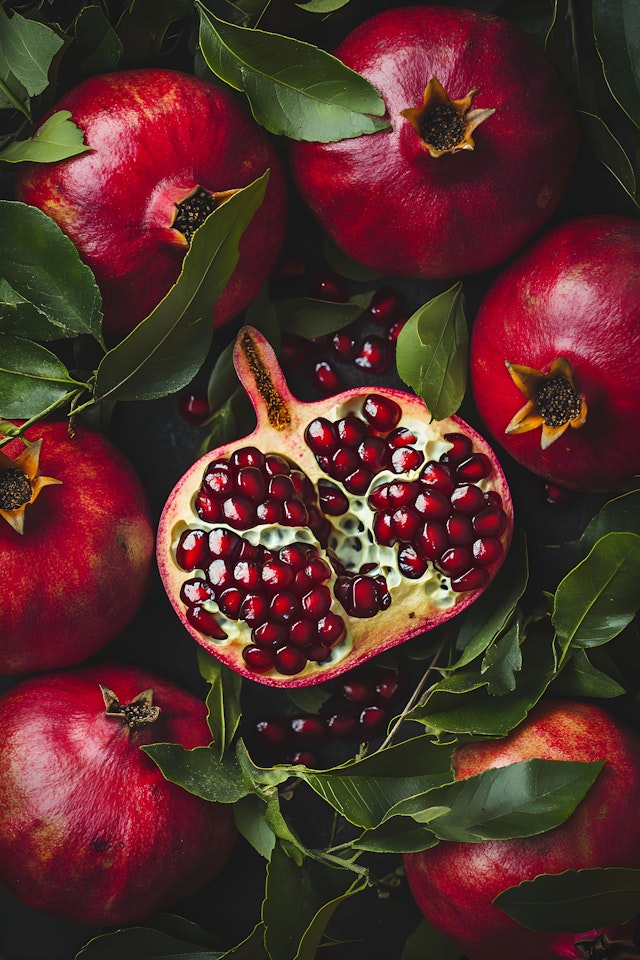 Ripe Pomegranates with Green Leaves