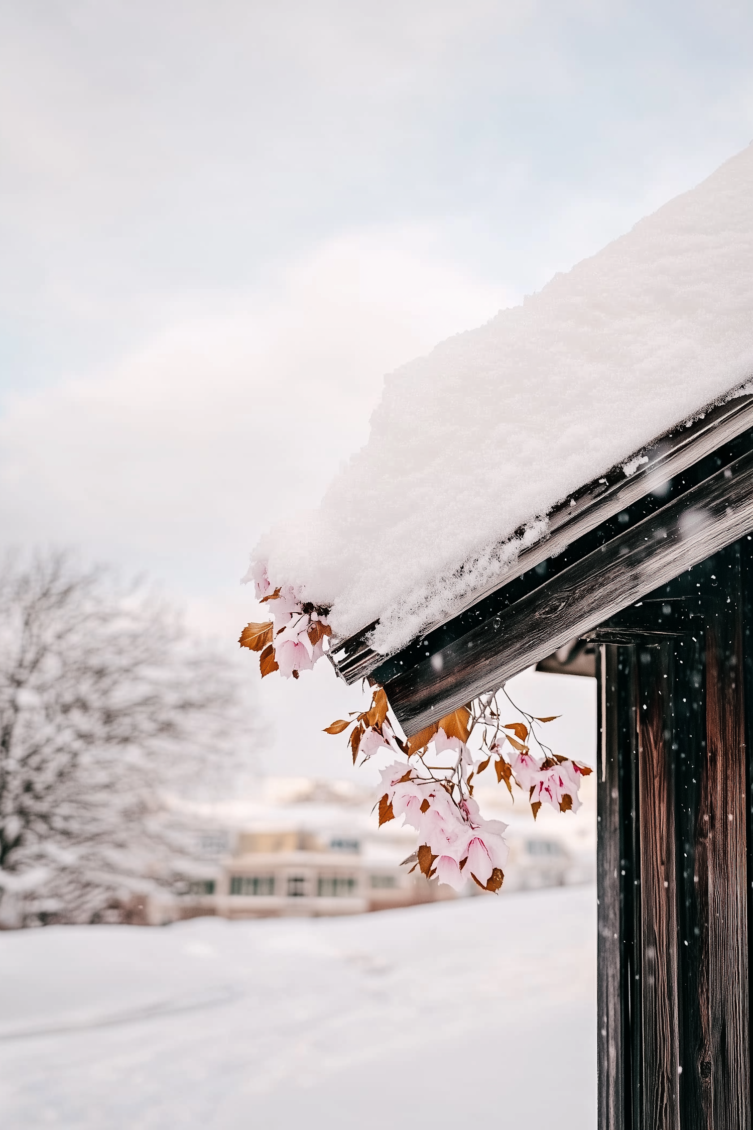 Autumn Leaves on Snow-Covered Roof