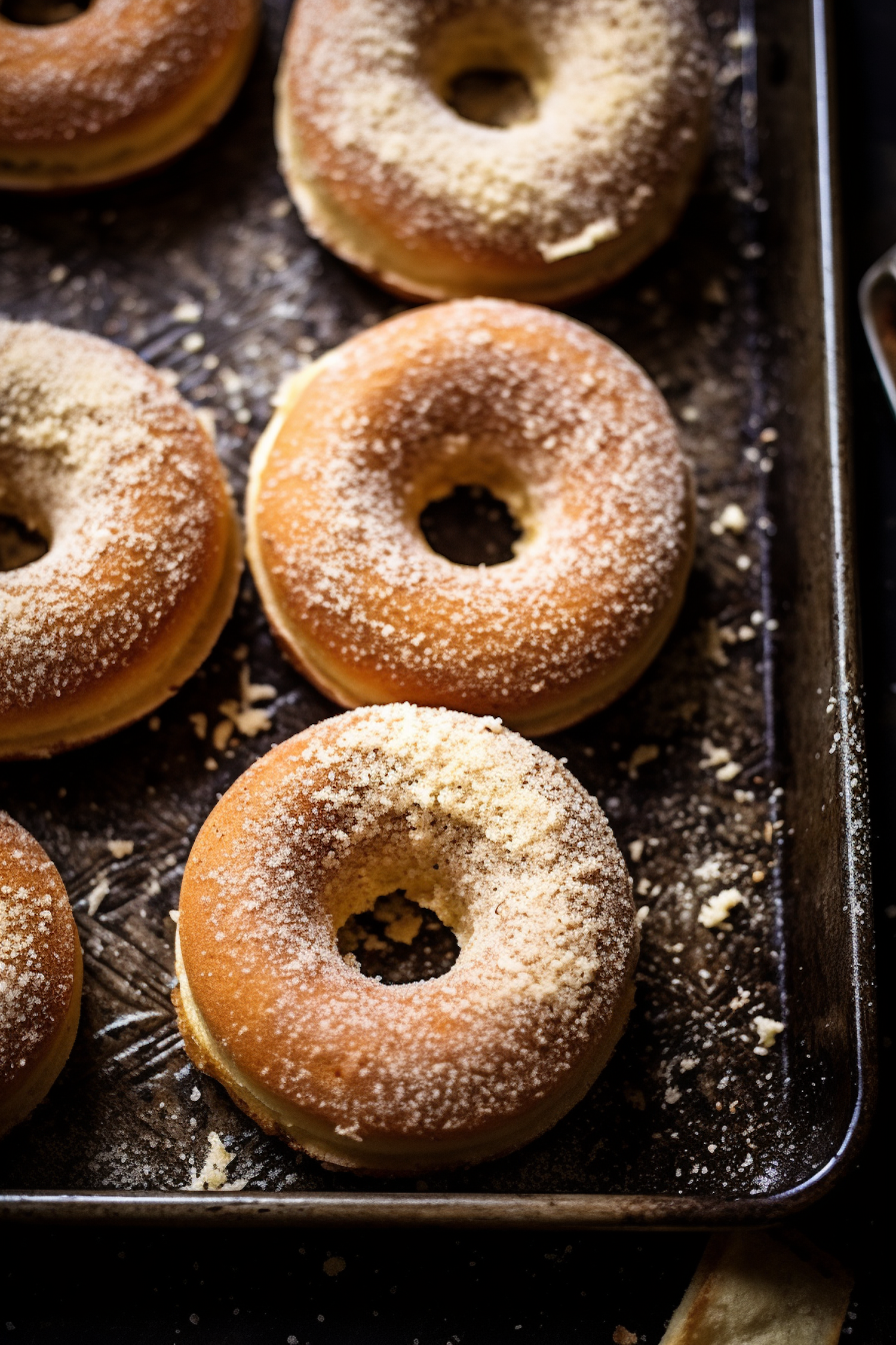 Sugar-Dusted Golden Donuts on Dark Tray