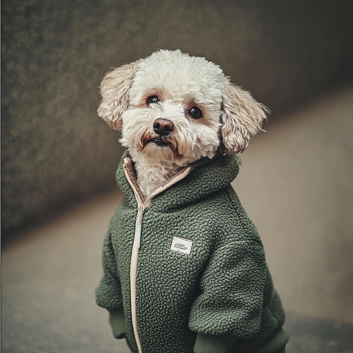 Curious Dog in Green Jacket