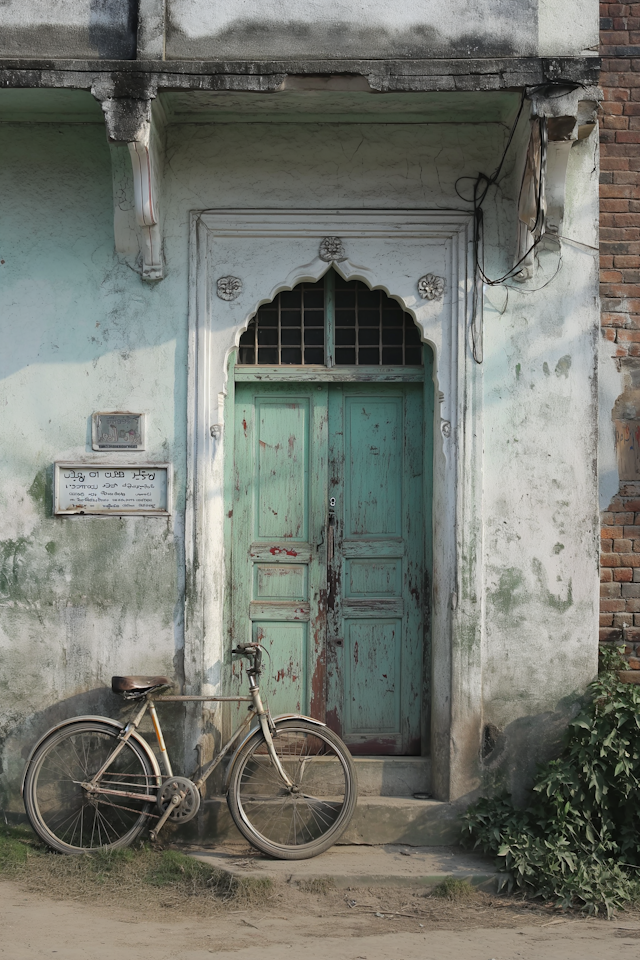 Time-Worn Archway with Rustic Green Door and Vintage Bicycle