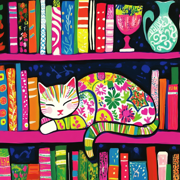 Serene Cat and Colorful Books Illustration