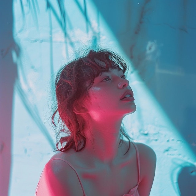 Ethereal Portrait of Young Woman in Blue and Pink Light