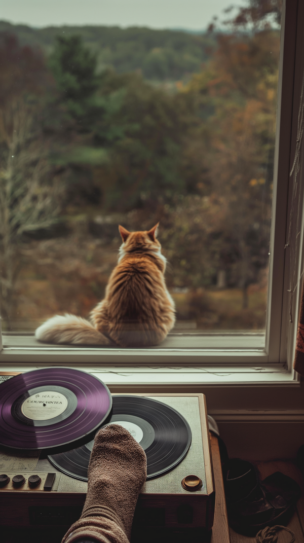 Serene Indoor Scene with Cat and Record Player