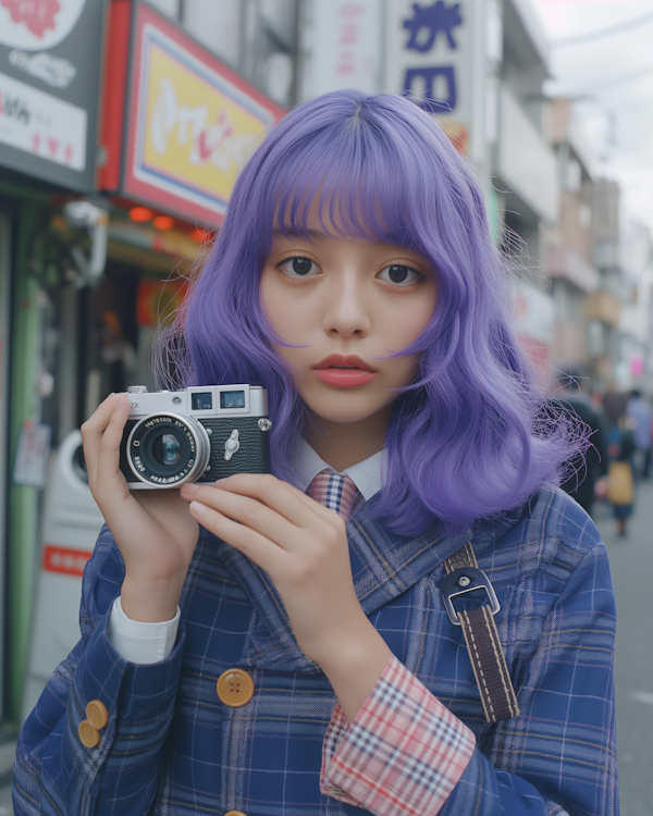 Stylish Woman with Camera on City Street