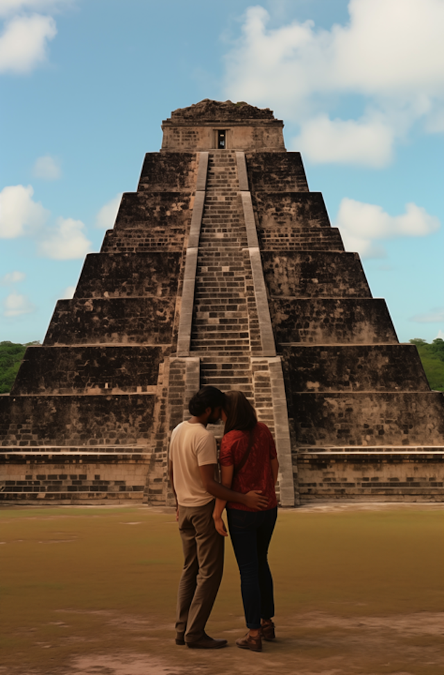 Couple's Embrace at Ancient Mesoamerican Pyramid