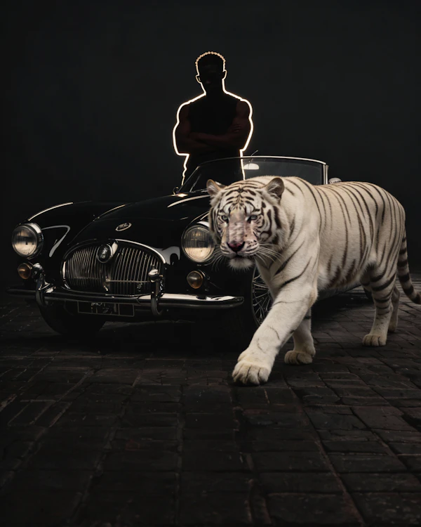 Tiger and Vintage Car