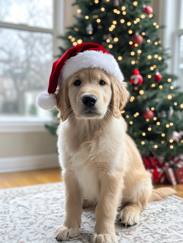 Golden Retriever Puppy with Santa Hat