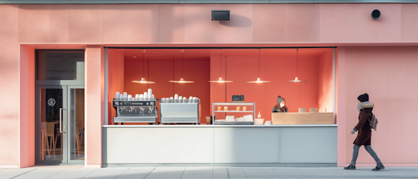 Stylish Coral-Pink Café with Passerby