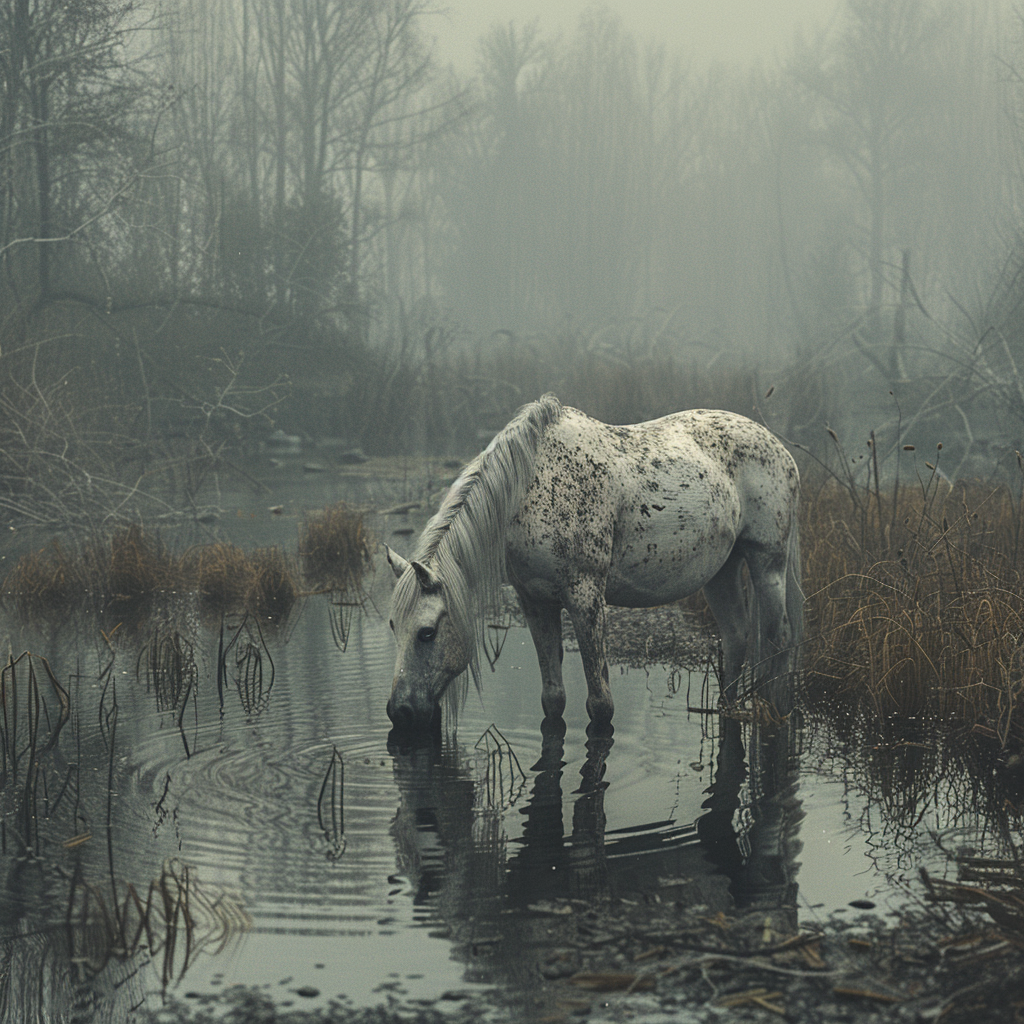 Serene Horse Drinking from Pond Photo on Lummi