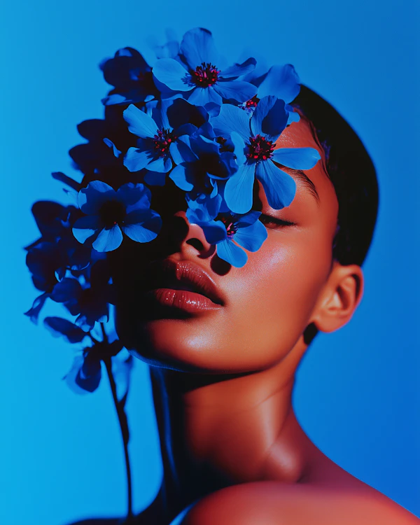 Serene Portrait with Blue Flowers