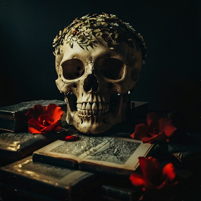 Skull with Wreath and Books