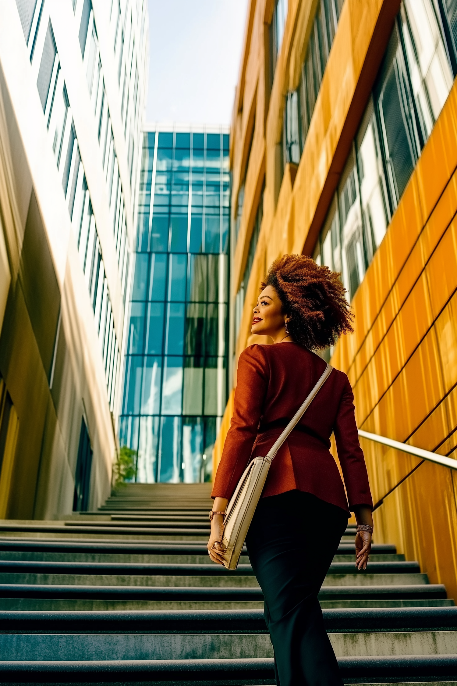 Woman Walking Up Stairs Between Modern Buildings