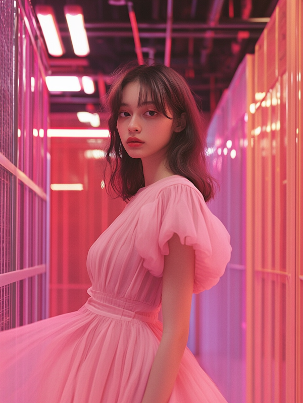 Ethereal Portrait in Neon Corridor