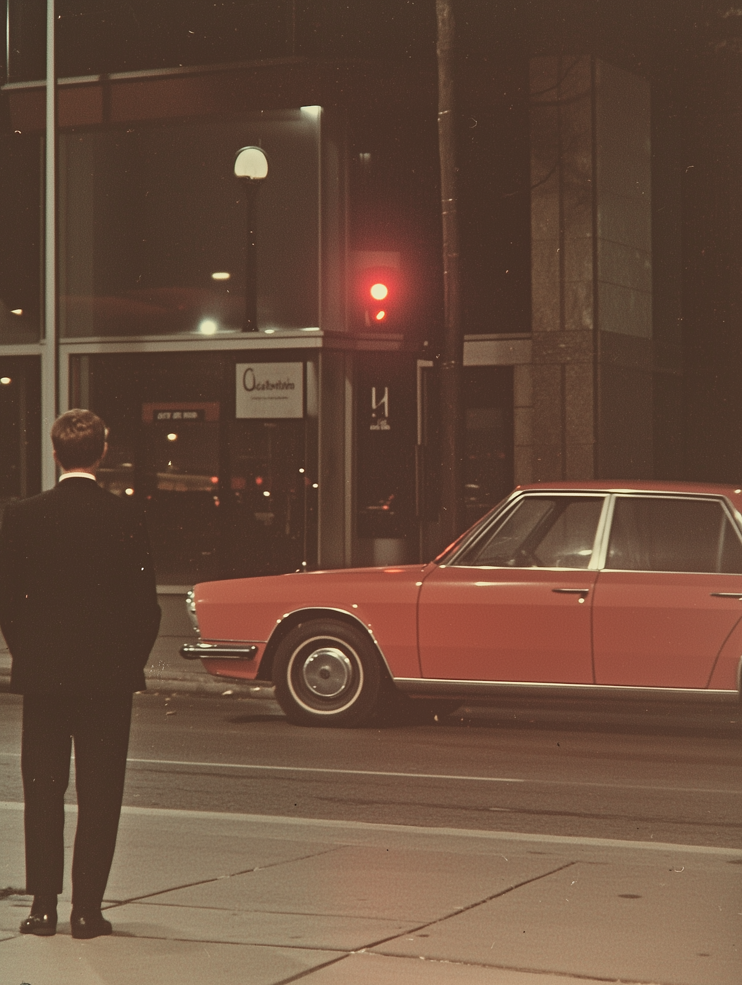 Urban Nighttime Scene with Vintage Car