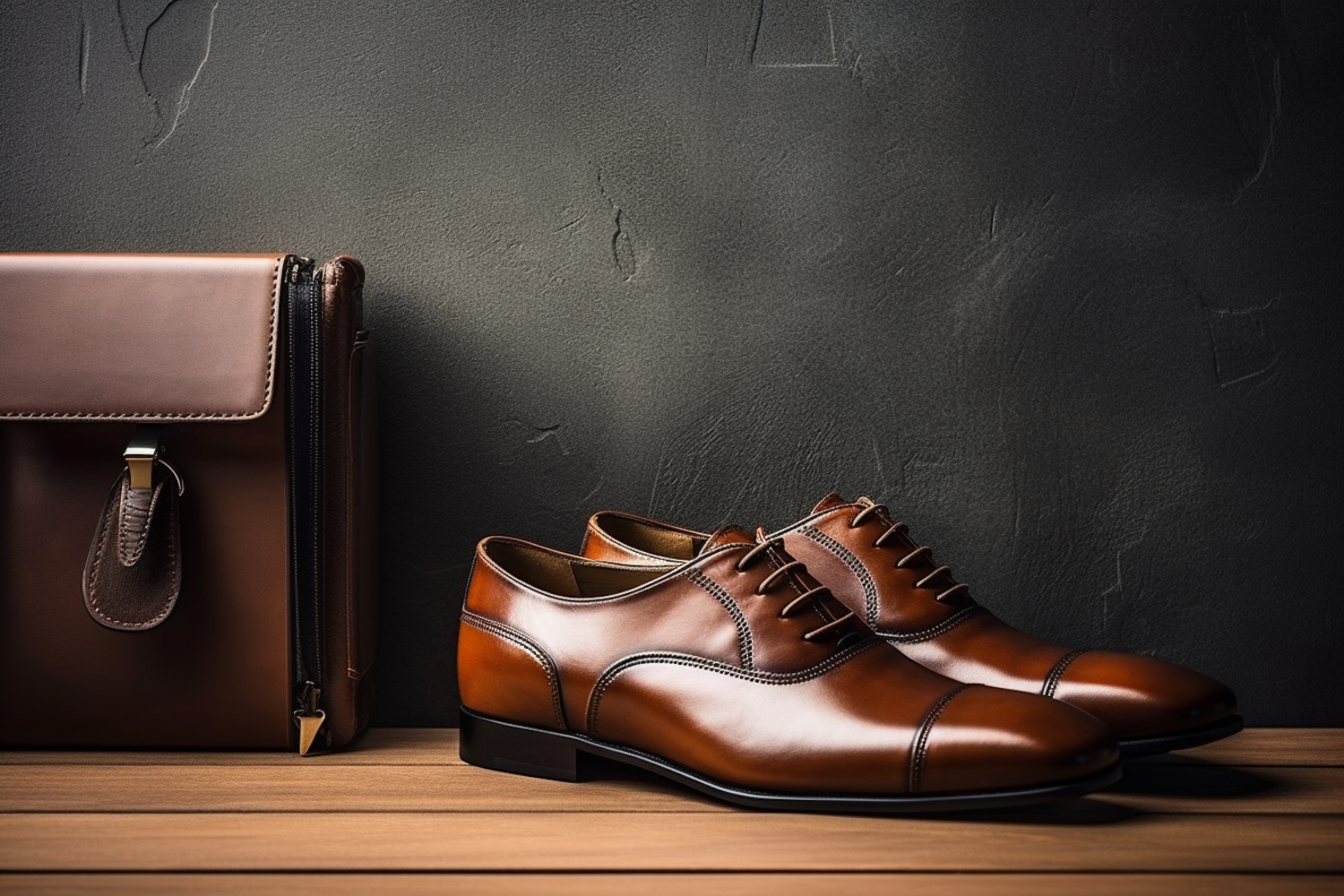 Sophisticated Elegance: Men's Brown Leather Oxford Dress Shoes and Briefcase