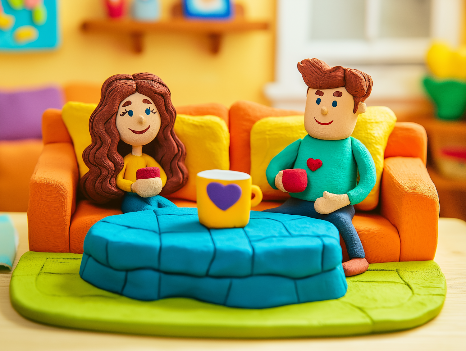 Clay Figures on Orange Couch