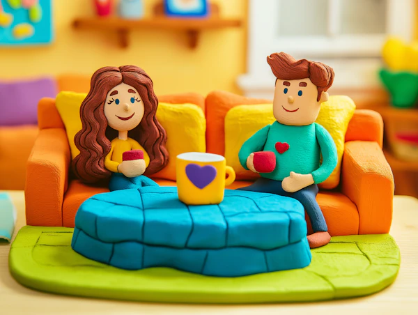 Clay Figures on Orange Couch