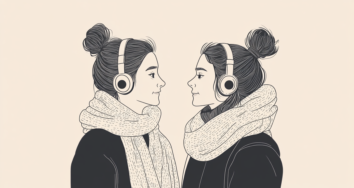 Symmetrical Female Figures with Scarves and Headphones