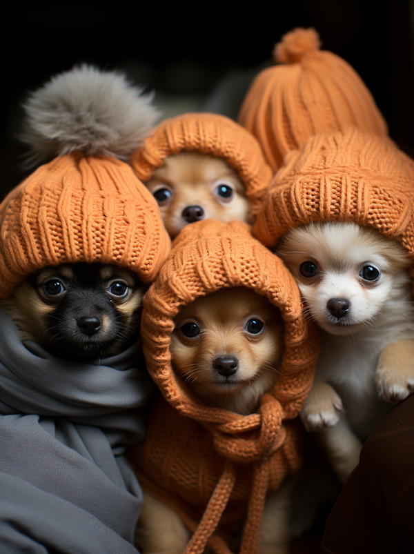 Puppies in Orange Pom-Pom Hats