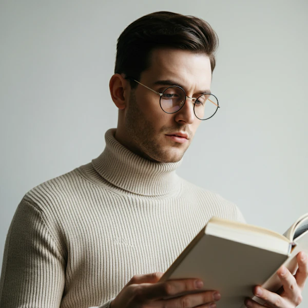 Man Reading a Book wearing a turtleneck shirt