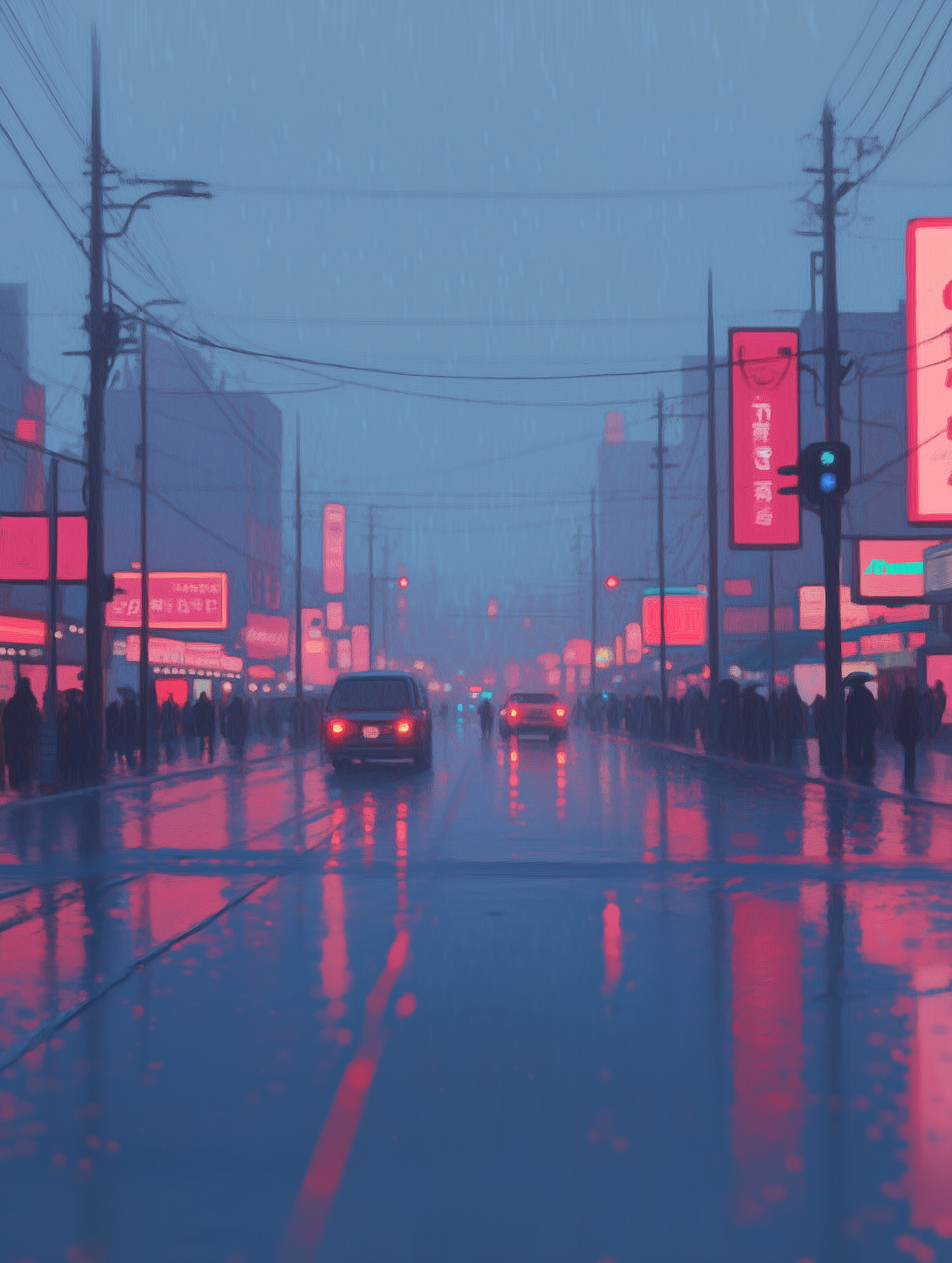 Rainy Urban Street Scene at Night